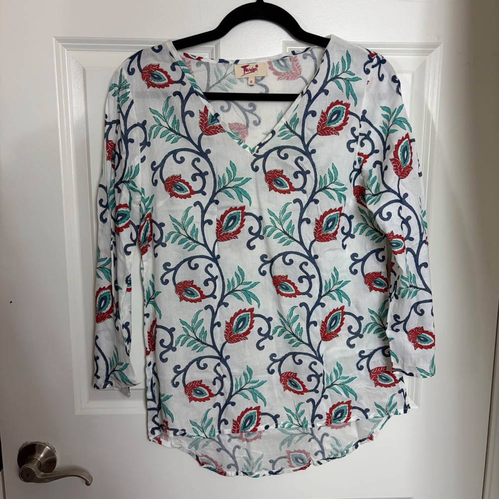 Tarini Women White Floral Block Print V-Neck Tunic Blouse Long Sleeve Small